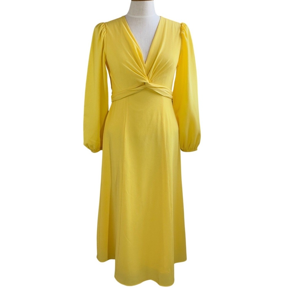 Maggy‎ London Regan Dress Womens 4 Yellow Twist Front Long Sleeve Midi Feminine